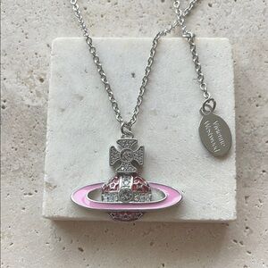 Vivienne Westwood Pink Orb Necklace Silver Crystal Saturn Pendant